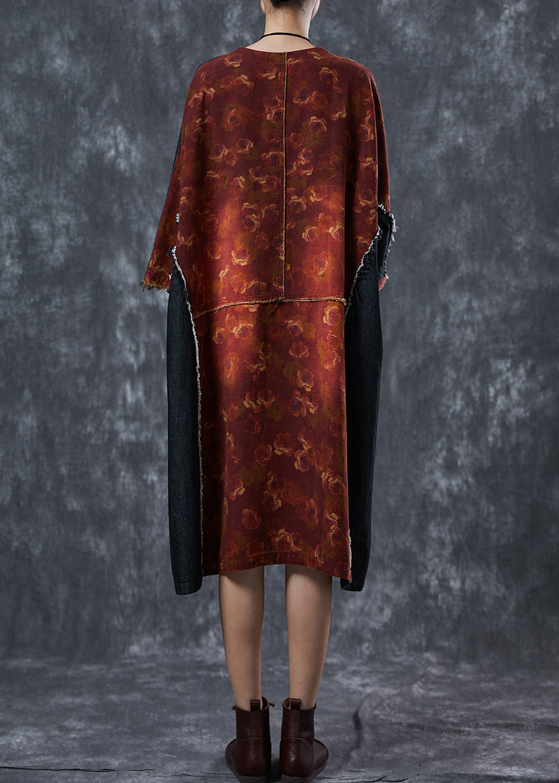 Orange Asymmetrical Denim Patchwork Linen Dress Summer