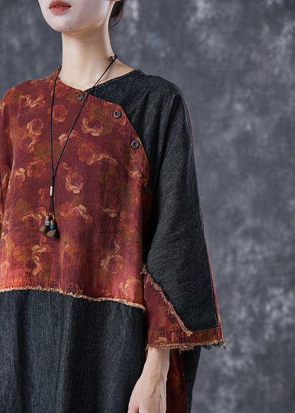 Orange Asymmetrical Denim Patchwork Linen Dress Summer