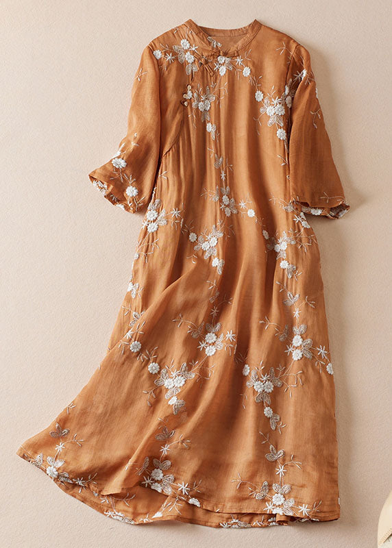 Orange Embroideried Chinese Button Patchwork Linen Dress Summer