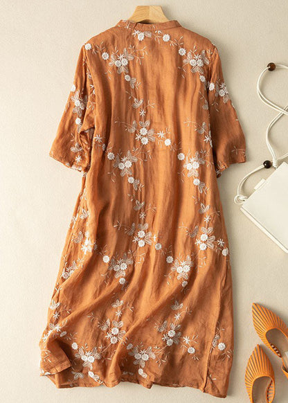 Orange Embroideried Chinese Button Patchwork Linen Dress Summer