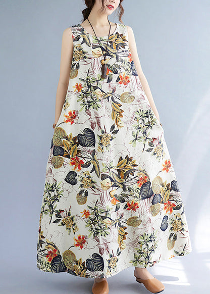 Orange Leaves Print O-neck Short Sleeve Bohemia Pleated Maxi Dress