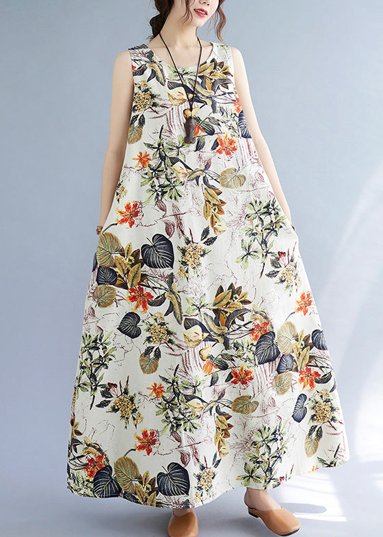 Orange Leaves Print O-neck Short Sleeve Bohemia Pleated Maxi Dress
