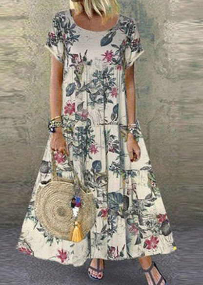 Orange O-neck Print Patchwork Maxi Dress Short Sleeve