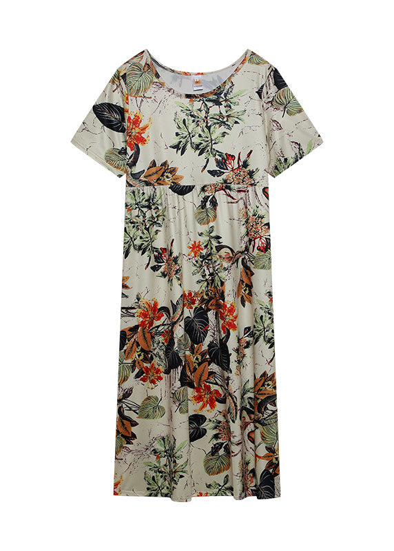Orange O-neck Print Patchwork Maxi Dress Short Sleeve