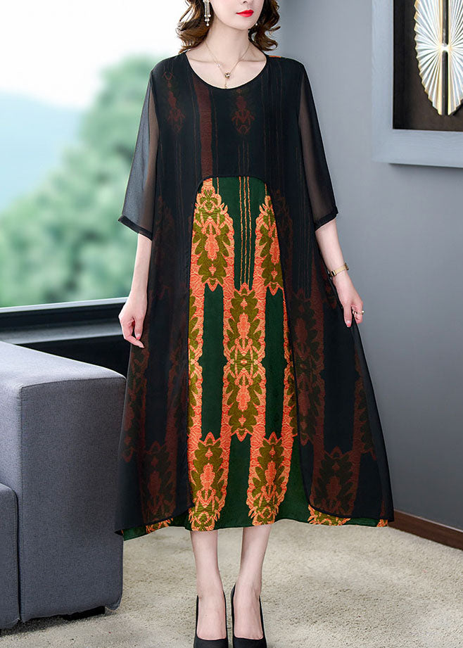 Orange O Neck Print Patchwork Silk Dress Summer