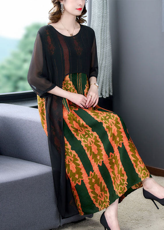 Orange O Neck Print Patchwork Silk Dress Summer