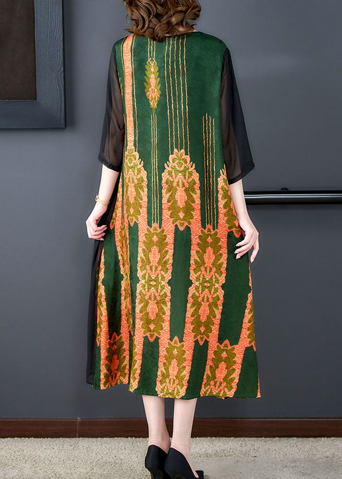 Orange O Neck Print Patchwork Silk Dress Summer