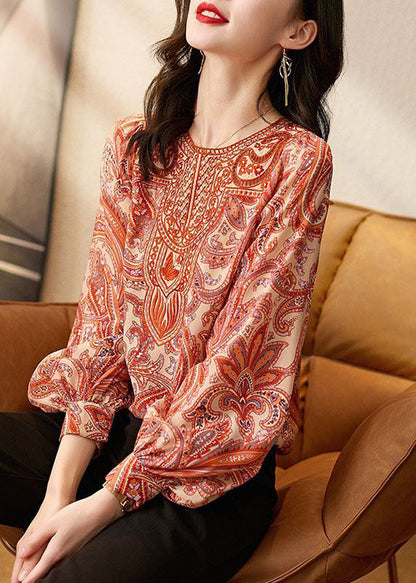 Orange O Neck Print Silk Tops Puff Sleeve