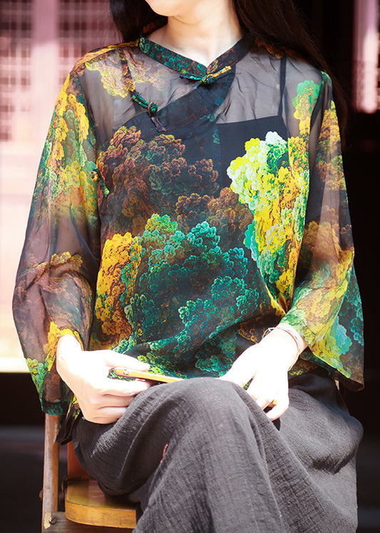 Photo Color Stand Collar Print Button Tulle Shirt Bracelet Sleeve