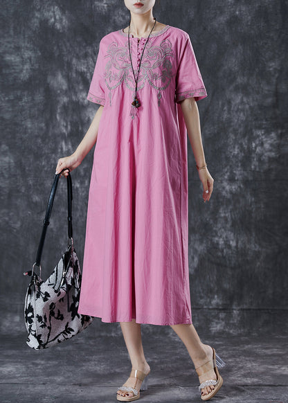 Pink Embroidered Cotton Long Dress Summer