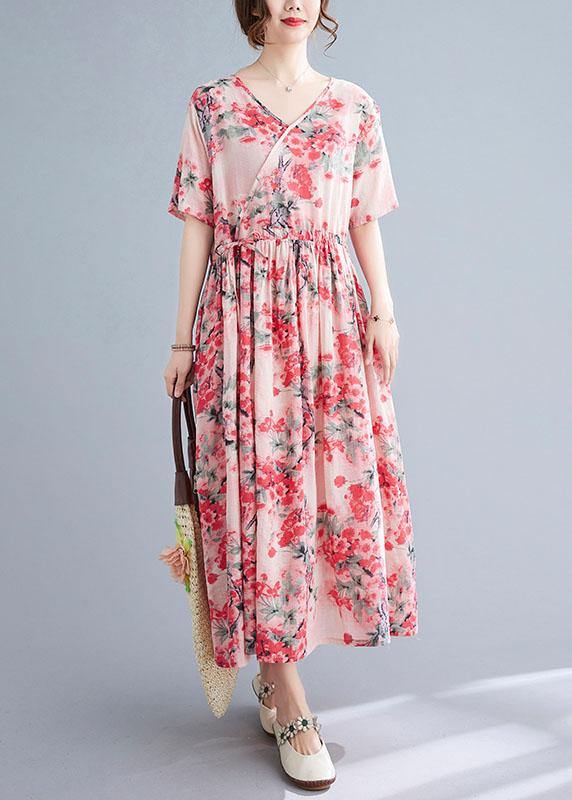 Pink Loose V Necktie Waist Summer Short Sleeve Dresses