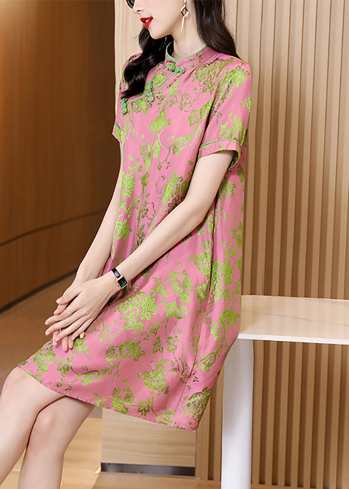 Pink Mandarin Collar Jacquard Silk Cheongsam Dresses Short Sleeve
