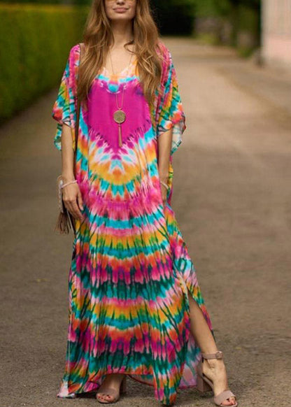 Pink Print Side Open Maxi Holiday Dress Short Sleeve