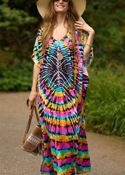 Pink Print Side Open Maxi Holiday Dress Short Sleeve