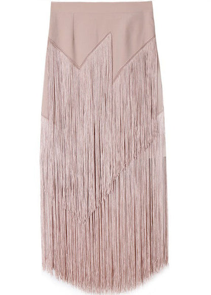 Pink Zip Up Tassel Patchwork Skirt Spring