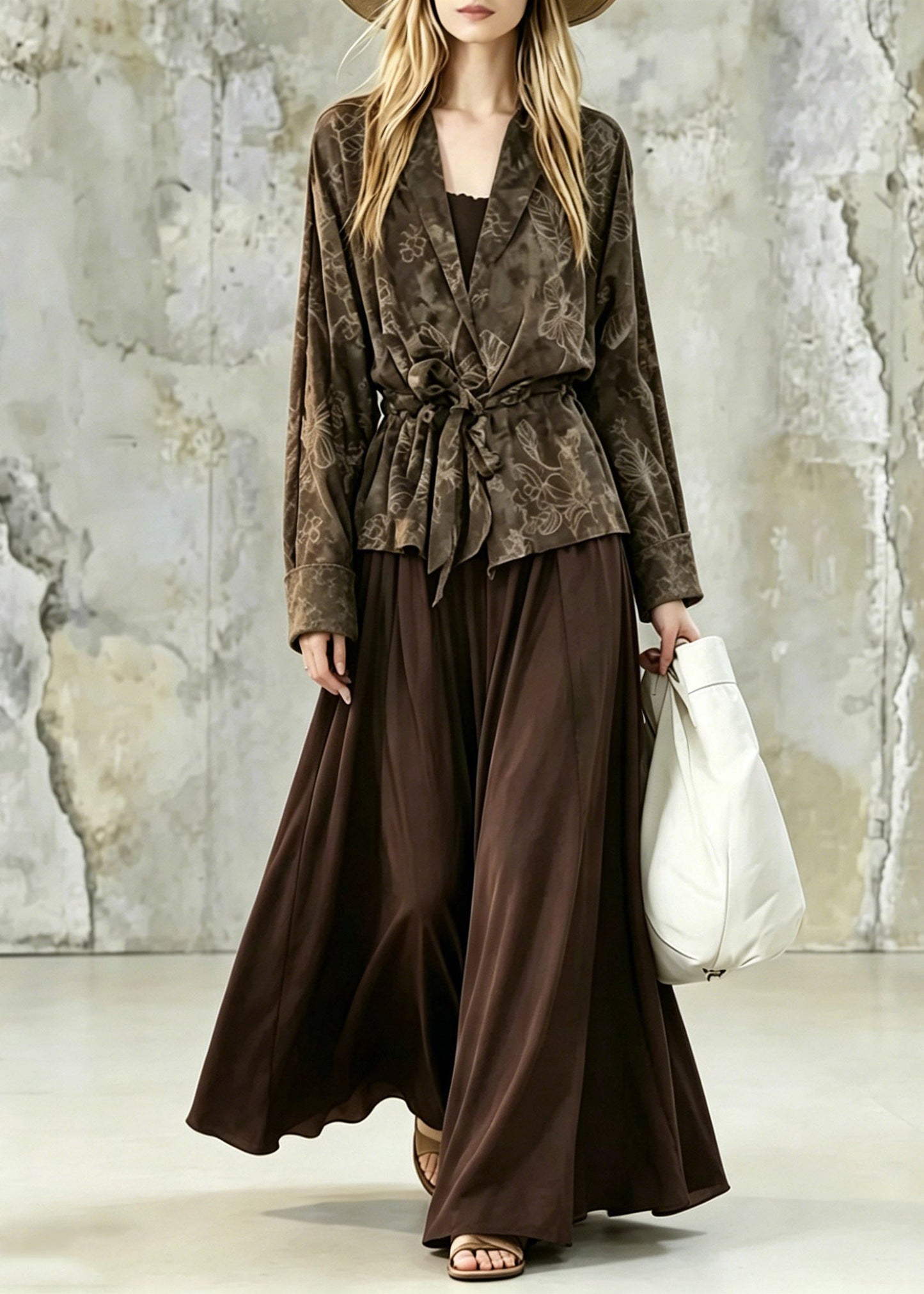 Print Tie Waist Shirt and Maxi Skirts Two Pieces Set Fall