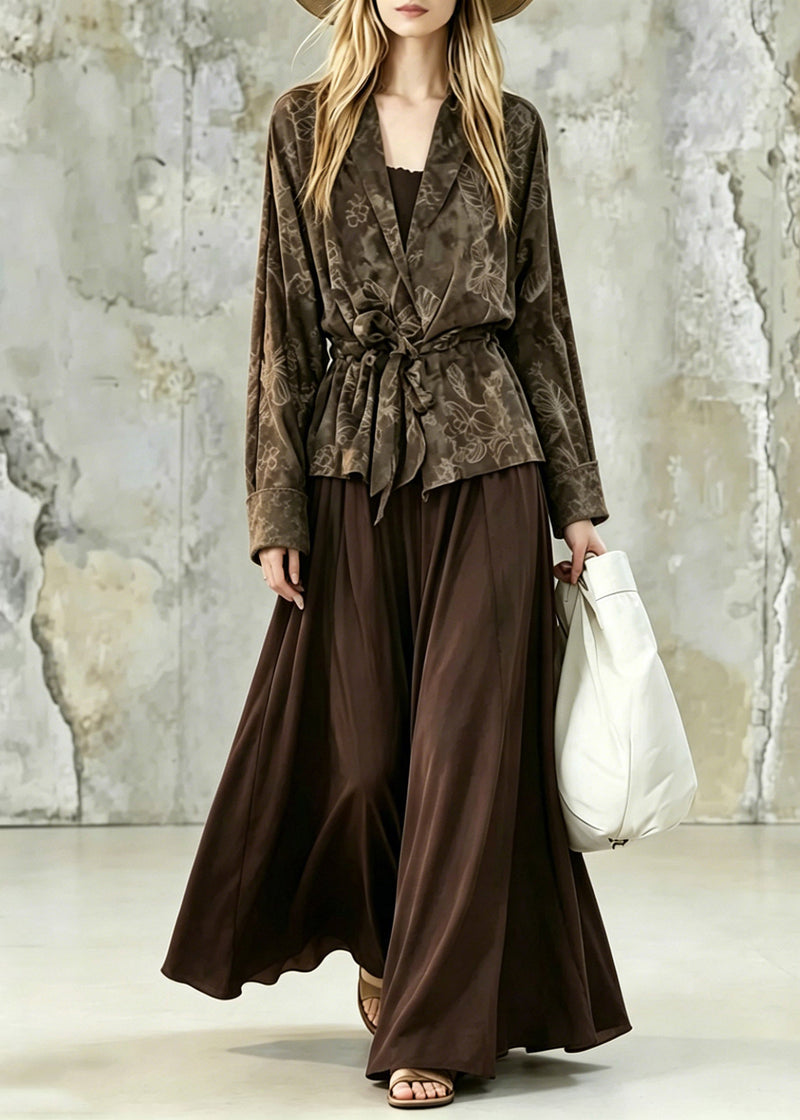 Print Tie Waist Shirt and Maxi Skirts Two Pieces Set Fall