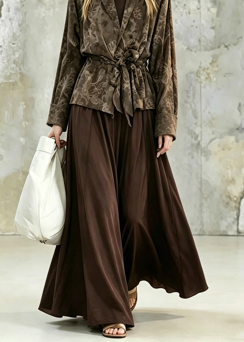 Print Tie Waist Shirt and Maxi Skirts Two Pieces Set Fall