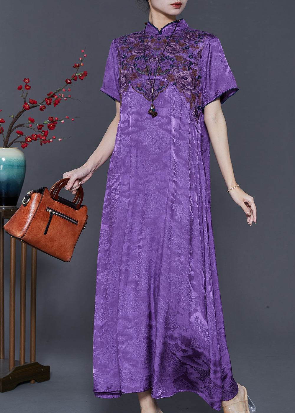 Purple Embroidered Jacquard Silk Vacation Dresses Summer