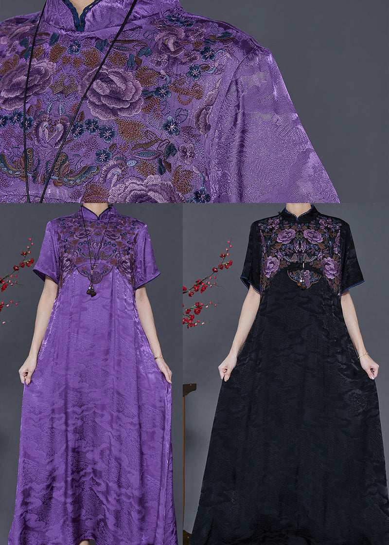 Purple Embroidered Jacquard Silk Vacation Dresses Summer