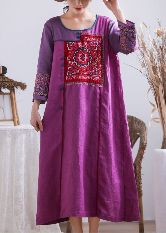 Purple Embroideried Chinese Button Patchwork Linen Long Dresses Summer