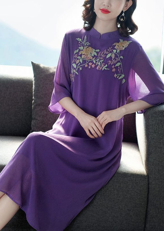 Purple Mandarin Collar Embroideried Silk Long Dress Summer