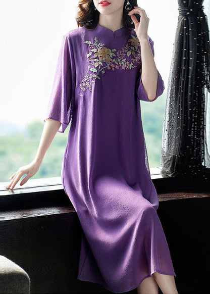 Purple Mandarin Collar Embroideried Silk Long Dress Summer