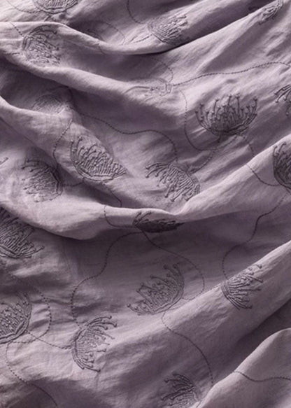 Purple O-neck Embroidered Patchwork Linen Dress Summer