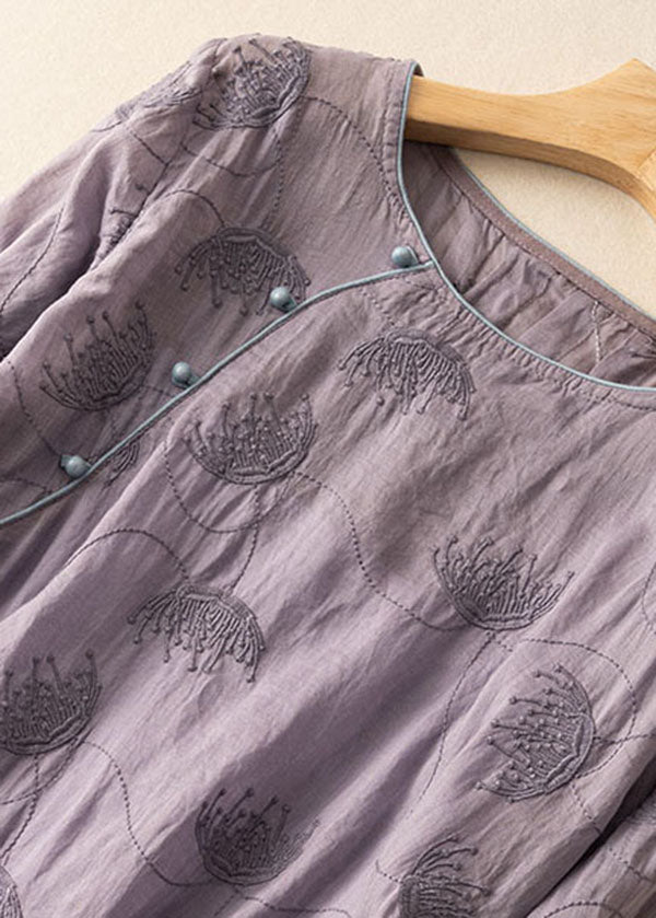 Purple O-neck Embroidered Patchwork Linen Dress Summer