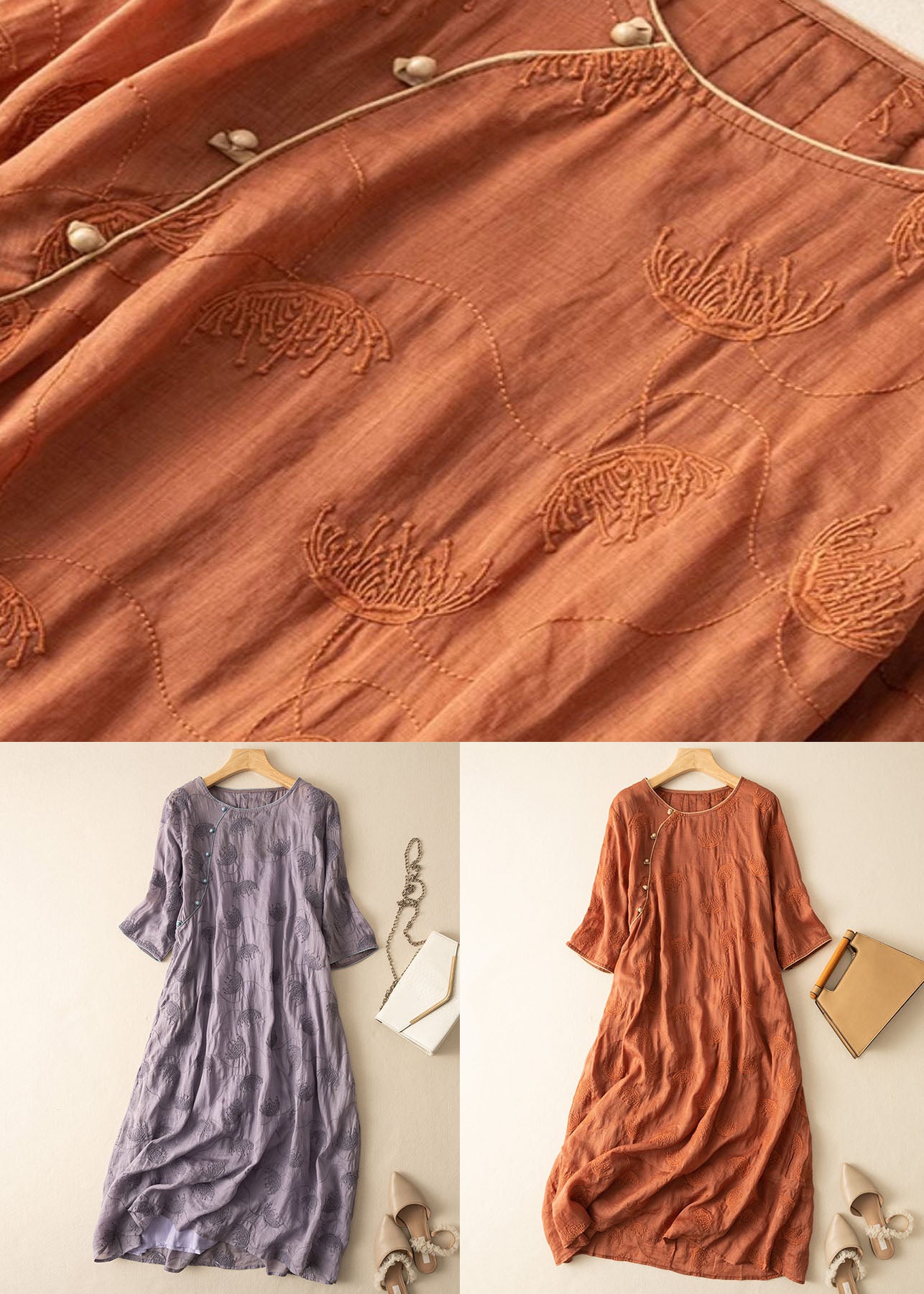 Purple O-neck Embroidered Patchwork Linen Dress Summer