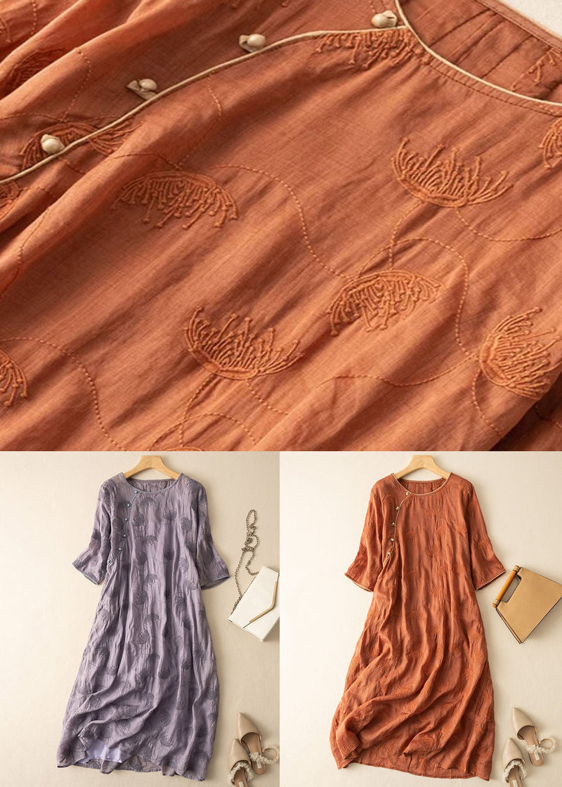 Purple O-neck Embroidered Patchwork Linen Dress Summer