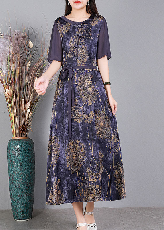 Purple O-neck Patchwork Tie Waist Print Silk Long Dress Short Sleeve