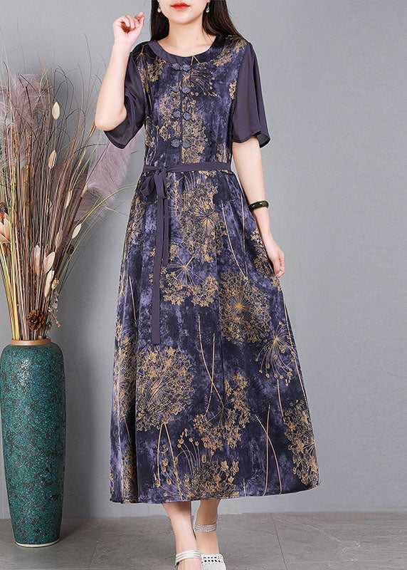 Purple O-neck Patchwork Tie Waist Print Silk Long Dress Short Sleeve