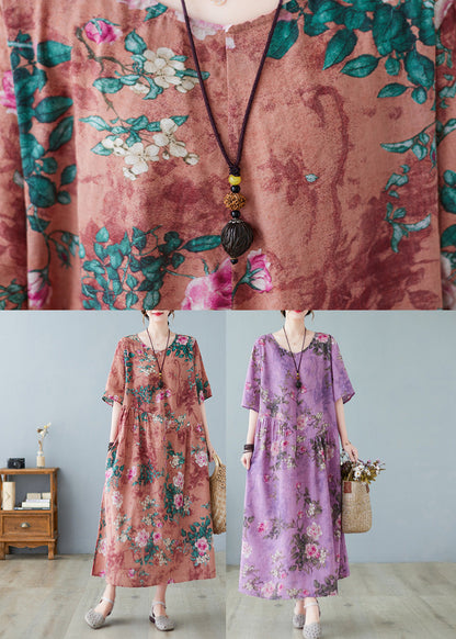 Purple O-neck Print Maxi Dress Summer