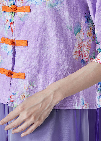 Purple Print Patchwork Chinese Button Linen Top Half Sleeve