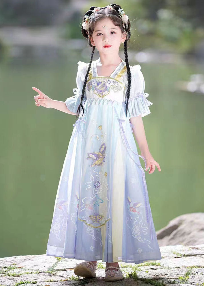 Purple Ruffled Embroideried Patchwork Chiffon Kids Dress Summer