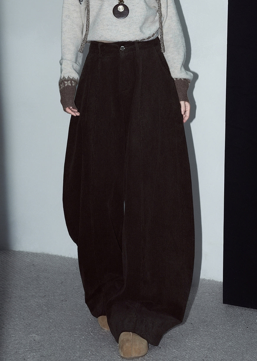 Red Button Warm Fleece Corduroy Wide Leg Pants Winter