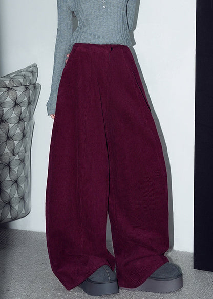 Red Button Warm Fleece Corduroy Wide Leg Pants Winter