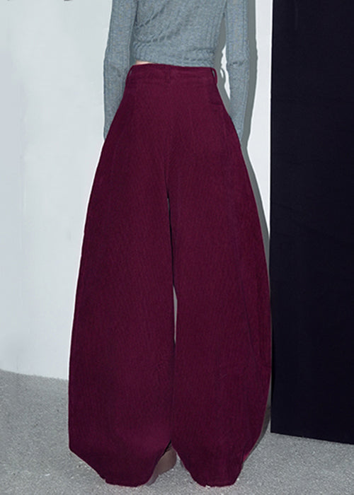 Red Button Warm Fleece Corduroy Wide Leg Pants Winter