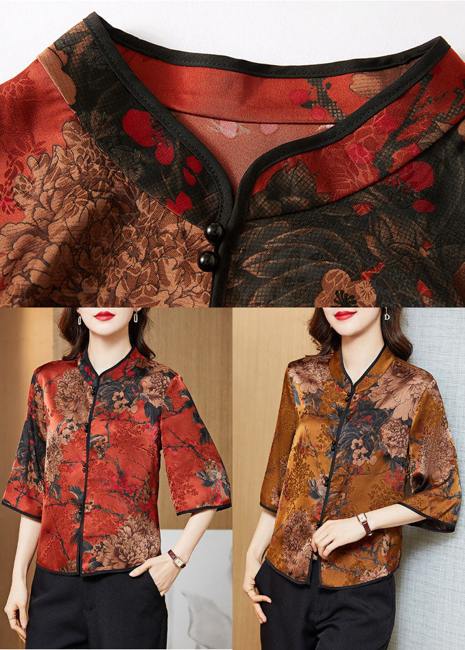 Red Mandarin Collar Print Silk Shirt Tops Half Sleeve