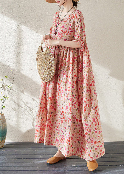 Red O-neck Print Wrinkled Long Dresses Short Sleeve