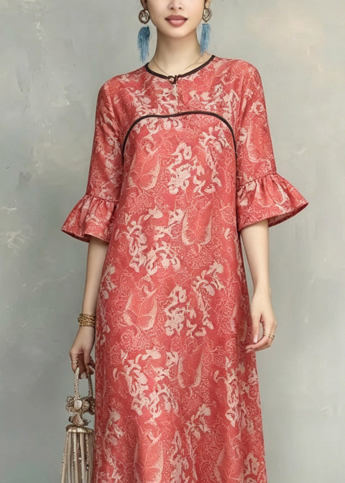 Red O-neck Ruffled Patchwork Long Dresses Short Sleeve