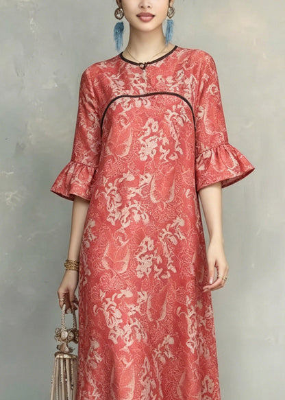 Red O-neck Ruffled Patchwork Long Dresses Short Sleeve