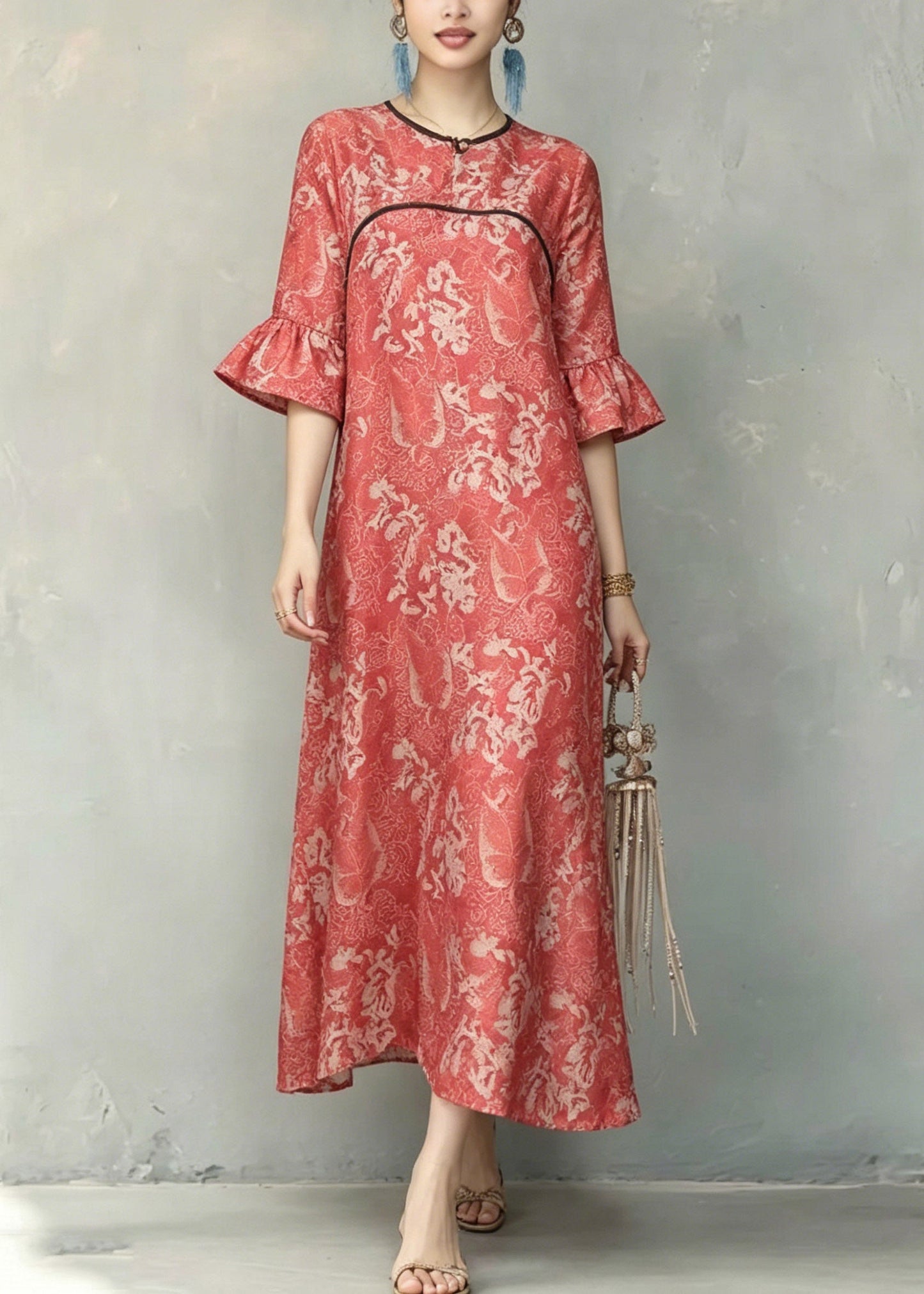 Red O-neck Ruffled Patchwork Long Dresses Short Sleeve
