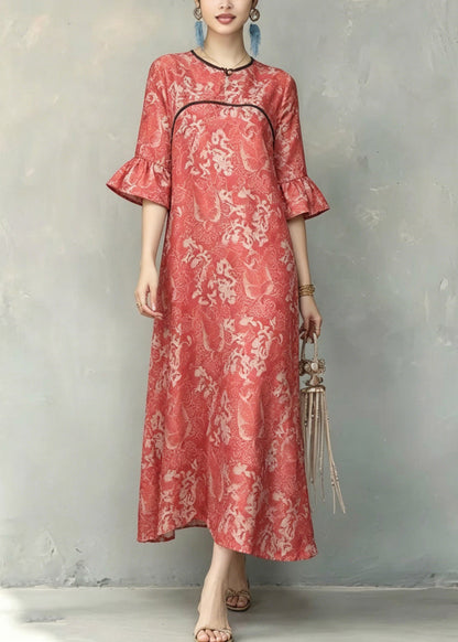 Red O-neck Ruffled Patchwork Long Dresses Short Sleeve