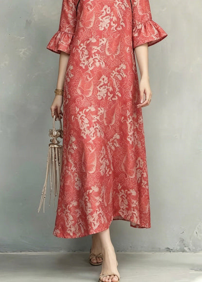 Red O-neck Ruffled Patchwork Long Dresses Short Sleeve