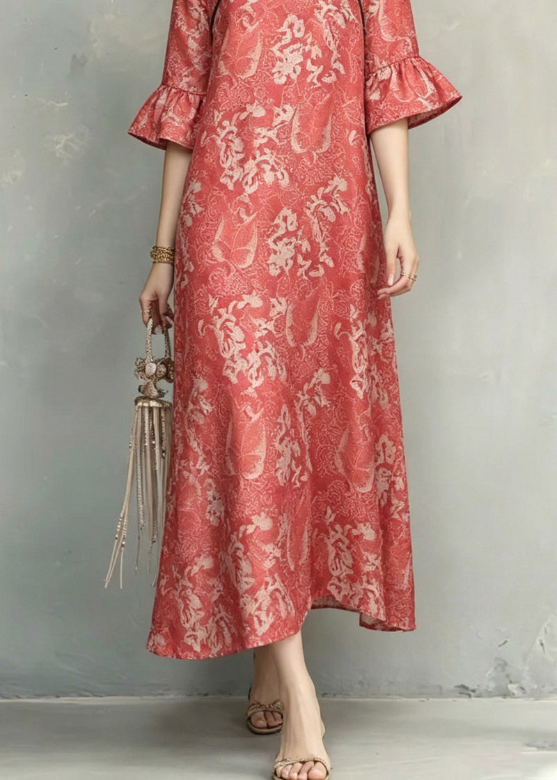 Red O-neck Ruffled Patchwork Long Dresses Short Sleeve