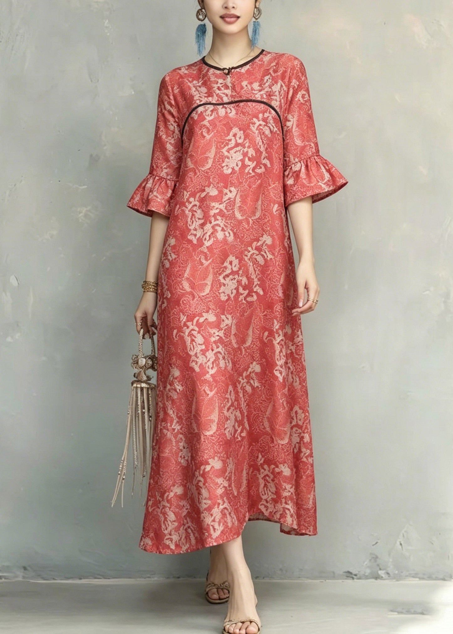Red O-neck Ruffled Patchwork Long Dresses Short Sleeve