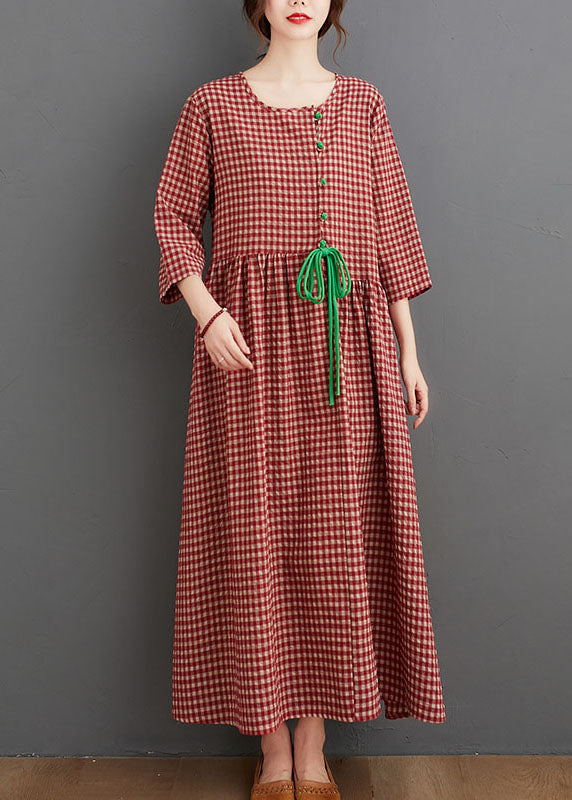 Red Oriental O-neck Plaid Linen Long Dresses Three Quarter Sleeve