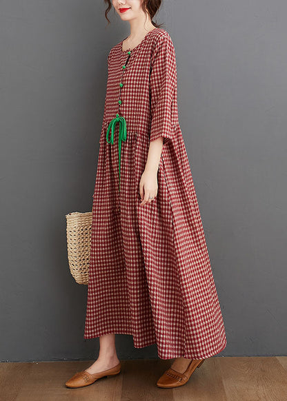 Red Oriental O-neck Plaid Linen Long Dresses Three Quarter Sleeve